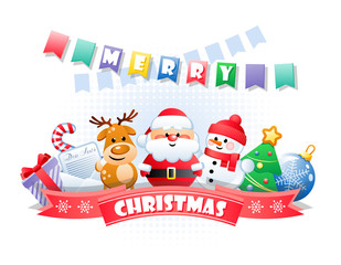 Merry Christmas. Greeting card with cute cartoon characters and festive elements. Vector illustration.