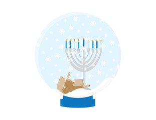 Hanukkah Menora and Dreidels in a Snow Globe