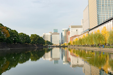 東京都千代田区日比谷から見る皇居周辺の風景と高層ビル群