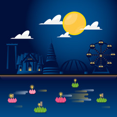 Vector illustration Loy Kratong full moon river festival in Thailand. Bangkok landscape with fullmoon at night.
