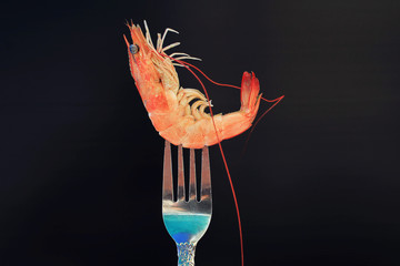 Shrimp on stainless steel fork on black background, macro view