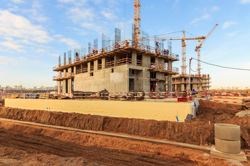 Construction of building Construction of apartment house. Concrete slab foundation building....