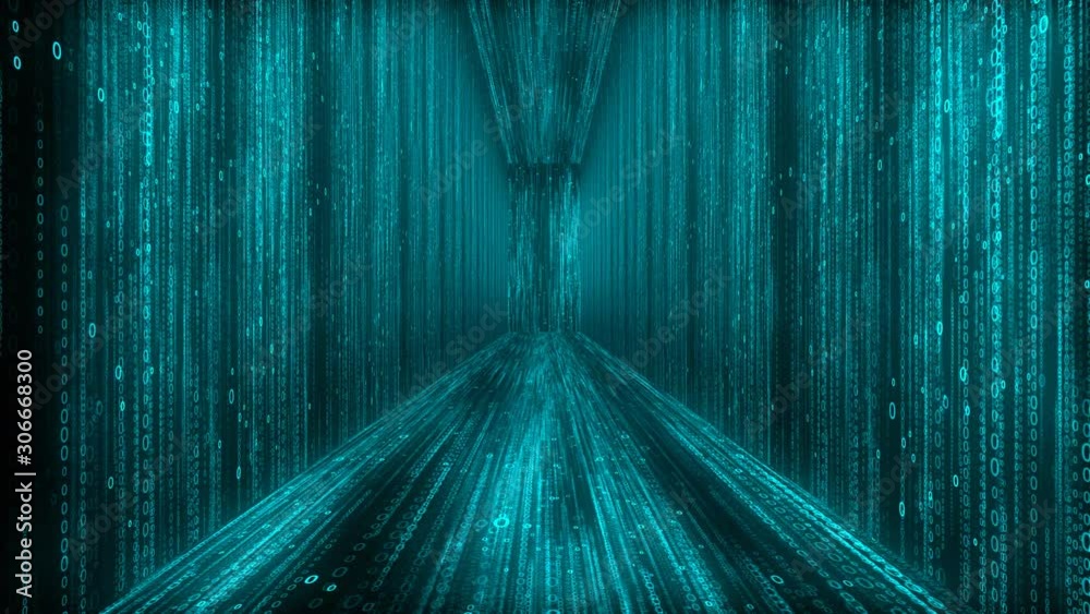 Poster 3d rendering abstract animation of a binary data hall tunnel with zeros and ones figures for cybersp