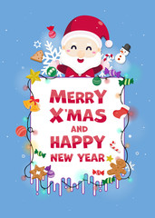 Fototapeta na wymiar Merry Christmas greeting card with cute Santa Claus, reindeer and Christmas tree. Vector illustration Cute Christmas character. 
