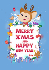 Merry Christmas greeting card with cute Santa Claus, reindeer and Christmas tree. Vector illustration Cute Christmas character.	
