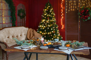 background, celebration, christmas, christmas decorations, christmas tree, conviviality, decoration, dinner, family holiday, festive, fireplace, food, garlands, gift, glass, happiness, happy, holiday,