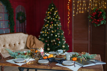 background, celebration, christmas, christmas decorations, christmas tree, conviviality, decoration, dinner, family holiday, festive, fireplace, food, garlands, gift, glass, happiness, happy, holiday,