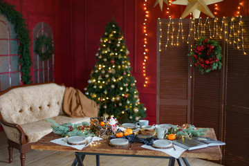 background, celebration, christmas, christmas decorations, christmas tree, conviviality, decoration, dinner, family holiday, festive, fireplace, food, garlands, gift, glass, happiness, happy, holiday,