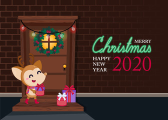 Merry Christmas greeting card with cute Santa Claus, reindeer and Christmas tree. Vector illustration Cute Christmas character.	