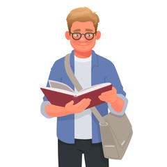 Guy with glasses is reading a book. A student is studying science. Education. Exam preparation. Vector illustration