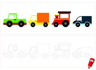 coloring page for children with examples. Educational game for children. colored cars