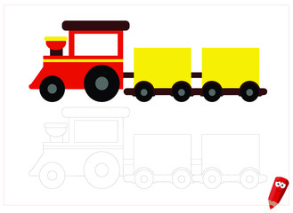 coloring page for children with examples. Educational game for children. red cartoon train