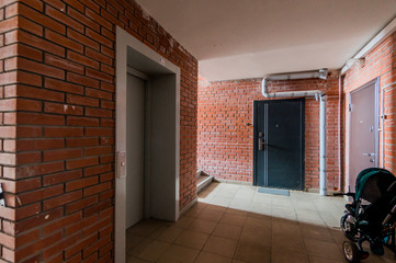 Russia, Moscow- July 23, 2019: interior room apartment. standard repair decoration in hostel. public place, staircase