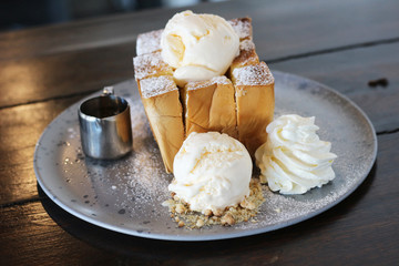 Honey Toast with whipped cream and ice cream