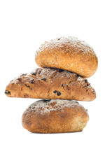 Tower of 3 artisan breads white background
