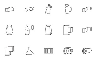 Ventilation vector line icon set. Round and rectangular ducts and fittings. Bend, dumper, silencer, fan. Supply and exhaust system