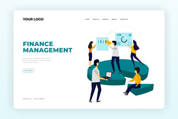 Obraz na płótnie Canvas Business and Finance Management Landing Page Design. Website Layout with Flat People Characters Working with Diagrams and 3D Pie Chart Vector illustration. Easy to Edit and Customize for Mobile Web.