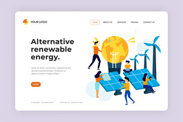 Alternative Renewable Energy Landing Page Design. Solar Panels, Wind Turbines and Engineer Character Concept. Green Energy, Renewable Electric Sun Solar panels. Easy to edit for Web, Mobile Banner.