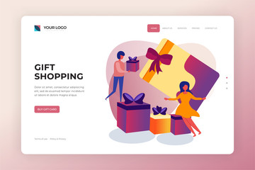 Obraz na płótnie Canvas Gift shopping landing page design. Two happy young girls choosing prize gift boxes. Gift card and gif boxes concept vector illustration. Birthday or holidays celebration promotional marketing concept.