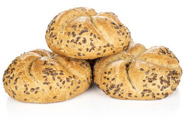 Group of three whole sesame kaiser roll stack isolated on white background