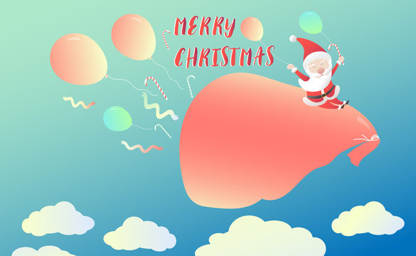 Funny Santa claus riding big bag of gift box over white cloud with blue sky.