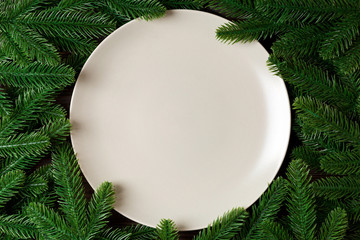 Top view of round festive plate on fir tree background. Christmas dish concept with empty space for...