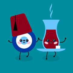 Cute Cartoon Turkish evil eye, tea in a glass and Turkish red hat fez. Kawaii symbol of protection in Turkey. Blue Turkish Fatima's Eye. Amulet from evil eye. Nazar. Magic item, attribute