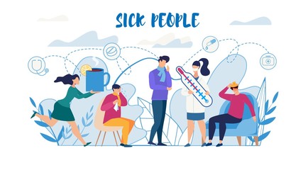 Naklejka na ściany i meble Sick People Suffering from Flu Need Help Flat Poster. Man and Woman Characters Feeling Unwell, Having Cold, High Temperature. Cough, Running Nose, Headache Symptoms. Vector Cartoon Illustration