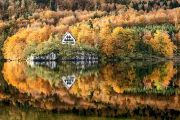 Perfect reflection of a mountain cabin hut on the waters edge during fall season in Slovenia at...