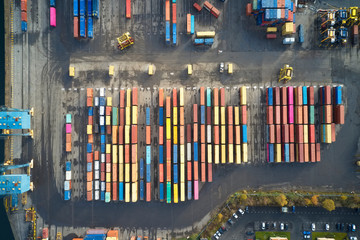 Container store at logistics port terminal for export with multi colour aerial view from above