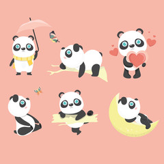 Fototapeta premium Cute panda set on pastel background..