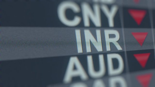 Decreasing Indian Rupee exchange rate indicator on computer screen. INR forex ticker loopable 3D animation