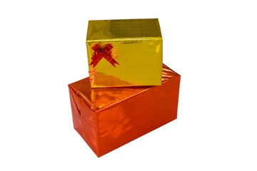 yellow and red boxes with gifts on a white background copy space