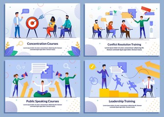 Fototapeta na wymiar Educational Program. Coaching Businessmen Personal Growth. Company Development Training. Effective Leadership and Management Lectures and Online Courses. Banner Flat Set. Vector Cartoon Illustration