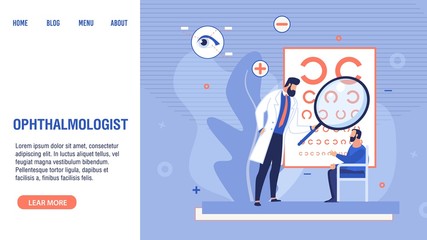 Doctor Ophthalmologist Checking Male Patient Sight, Conducting Optical Eyes Test and Spectacles Technology. Ophthalmology Medicine, Eyesight Examination. Trendy Flat Landing Page. Vector Illustration