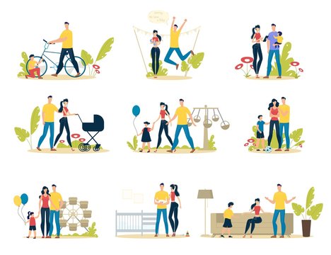 Happy Family Life Scenes Trendy Flat Vector Set. Parents with Child Having Fun in Amusement Park, Father and Son Repairing Bicycle, Couple Walking with Baby, Family Spending Time Together Illustration