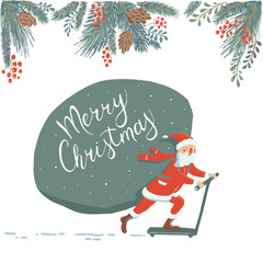 Vector illustration of Winter design frame with white background. funny santa claus with gifts on a scooter. funny character. Green twigs, pine, fir, cones, red berries, winter plants. template wish t
