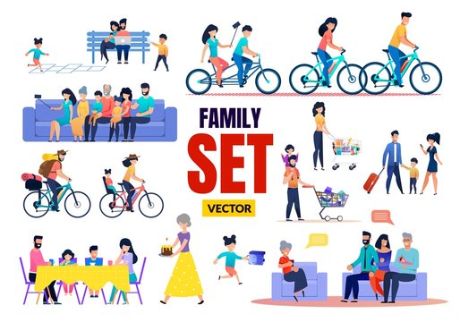 Happy Family Relatives Characters Vector Flat Set. Cartoon Parents and Children, Grandparents and Grandchildren Rest, Meeting, Talking, Having Fun, Shopping, Cycling. Vector Illustration