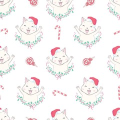 Cat seamless pattern Christmas vector Santa Claus Hat Xmas kitten cartoon isolated tile background repeat wallpaper illustration