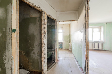 Russia, Moscow- July 23, 2019: interior room apartment. decrepit old careless not modern setting. cosmetic repairs required