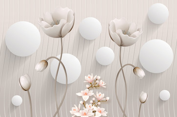  mural Illustration of beautiful White flower decorative on gray waves wall background 3D wallpaper. 3d white ball  Graphical simple modern art - obrazy, fototapety, plakaty