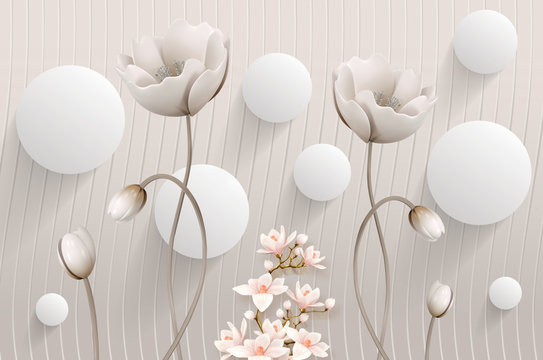 mural Illustration of beautiful White flower decorative on gray waves wall background  3D wallpaper. 3d white ball Graphical simple modern art Stock Illustration  | Adobe Stock