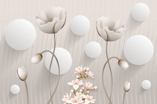  Mural Illustration Of Beautiful White Flower Decorative On Gray Waves Wall Background 3D Wallpaper. 3d White Ball  Graphical Simple Modern Art