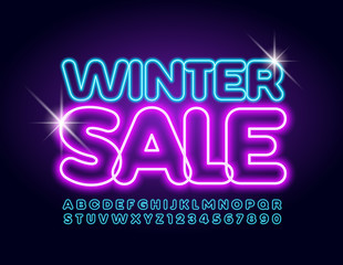 Vector colorful Banner Winter Sale.  Illuminated bright Font. Blue Alphabet Letters and Numbers.
