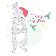 Obraz na płótnie Canvas Cute rabbit card. Santa Claus hat on bunny vector illustration. New Year square banner with smiling bunny. Winter holiday package design. Flat forest animal.