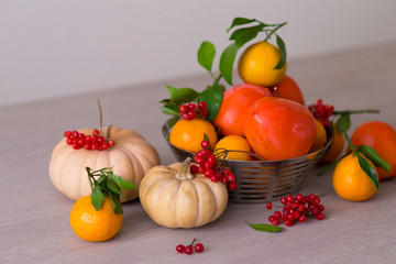 Fototapeta na wymiar Food. Tangerines, viburnum, pumpkin, persimmon in table