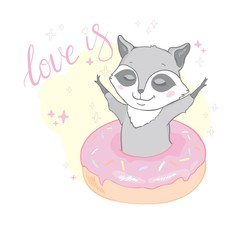 Cute raccoon with big tasty donut