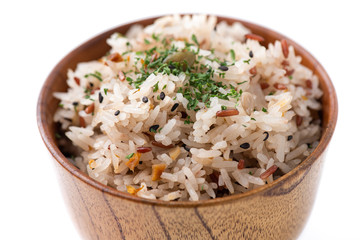 fried rice with vegetable and grains on white background