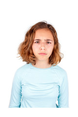 Sad crying teenager girl isolated. Pretty curly young girl with big eye looking to camera