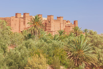 Close up of the fortified constructions and an oasis at the ksar of Ait Benhaddou